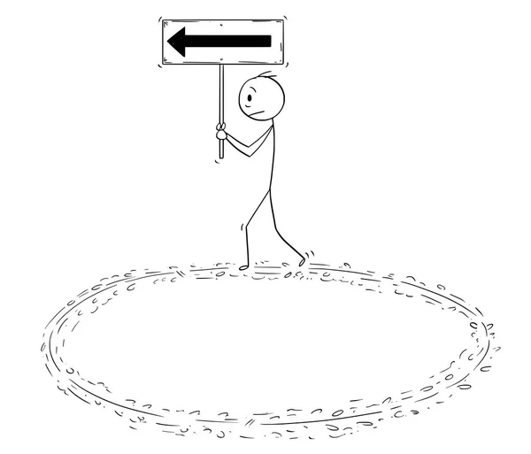 Karikatur eines Geschäftsmannes, der Pfeilzeichen hält und vergeblich im Kreis läuft — Stockvektor
