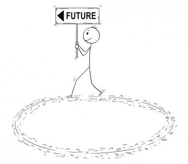Cartoon of Motivated Businessman Holding Future an Arrow Sign and Walking in Circle clipart