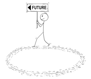 Cartoon of Motivated Businessman Holding Future an Arrow Sign and Walking in Circle clipart