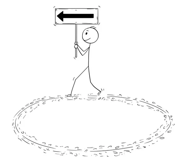 Мультфильм о бизнесмене, держащем в руках знак "Стрела" и идущем по кругу — стоковый вектор