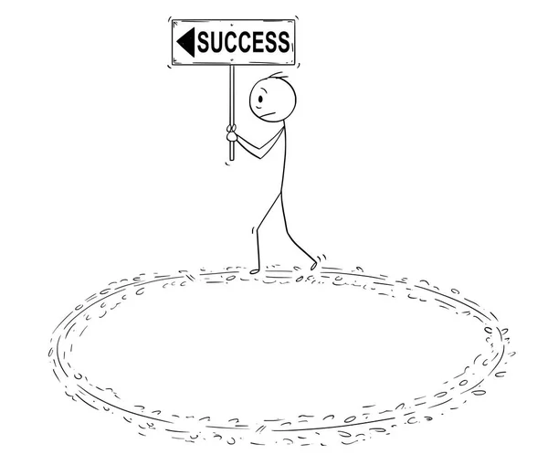 Caricatura del Empresario sosteniendo un signo de éxito y caminando en círculo en un esfuerzo vano — Archivo Imágenes Vectoriales