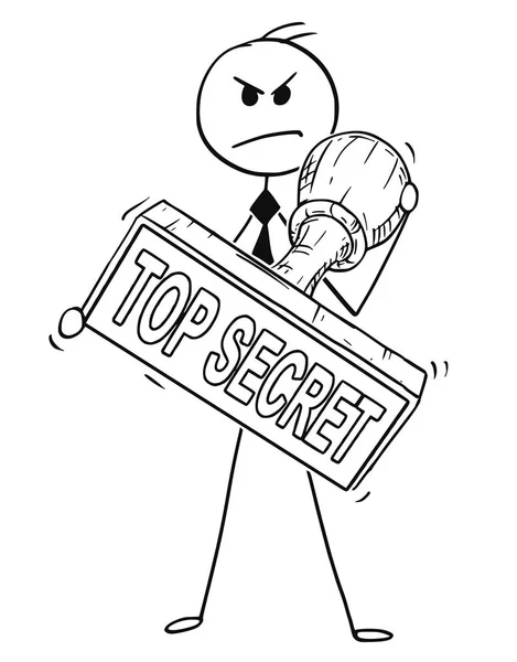 Dibujos animados del hombre de negocios sosteniendo sello de alto secreto de goma de la mano grande — Vector de stock