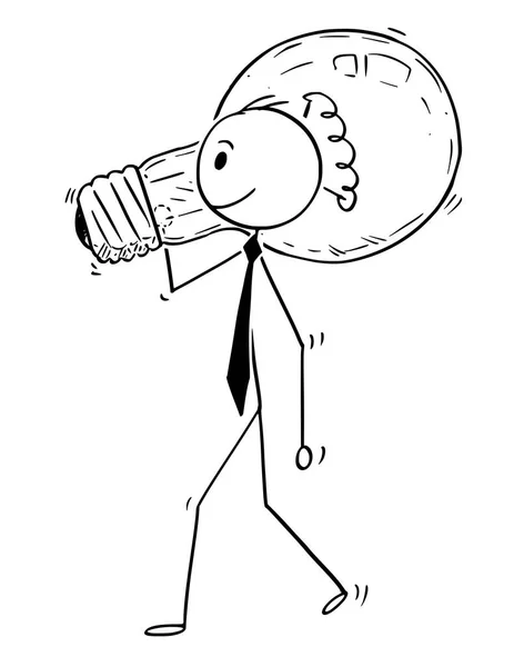 Карикатура на бизнесмена, несущего лампочку — стоковый вектор