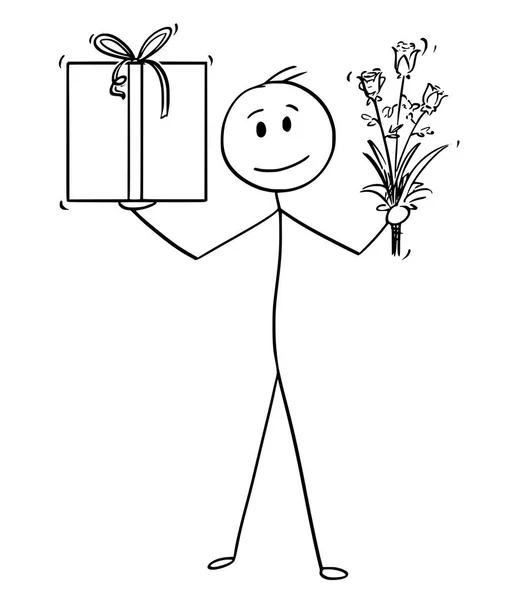 Dessin animé de l'homme ou de l'homme d'affaires avec boîte cadeau ou cadeau et bouquet de fleur dans ses mains — Image vectorielle