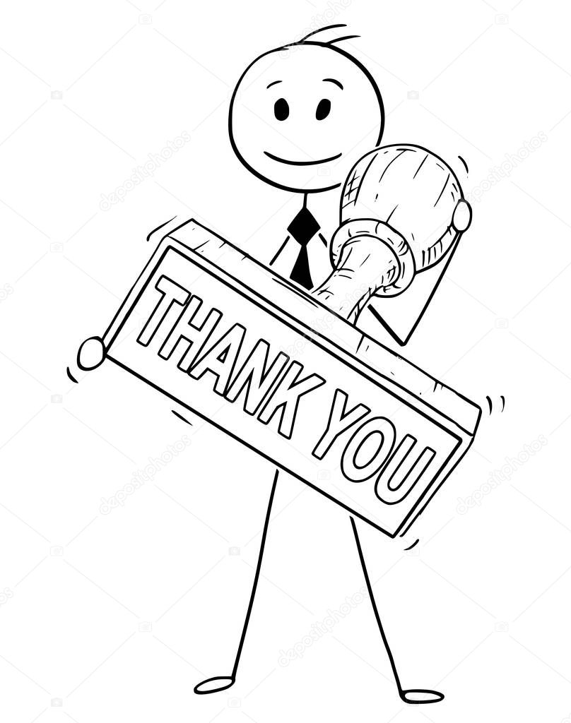 Cartoon of Businessman Holding Big Hand Rubber Thank You Stamp