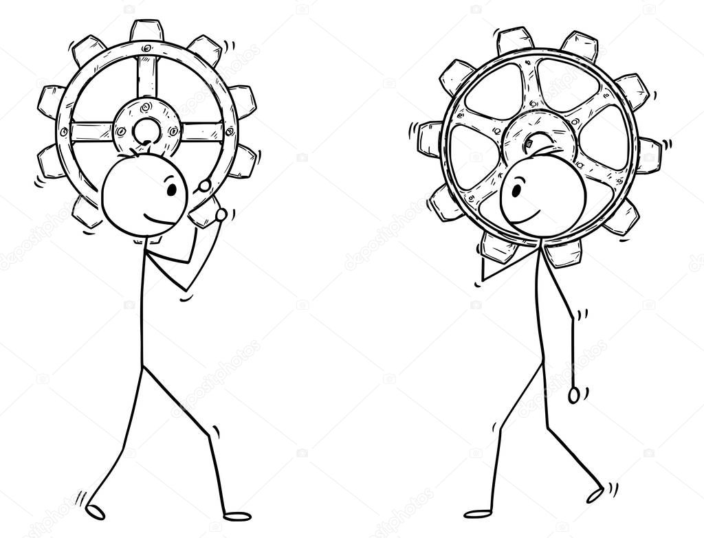 Cartoon of Two Man or Businessmen Carry Big Cogwheels or Cogs
