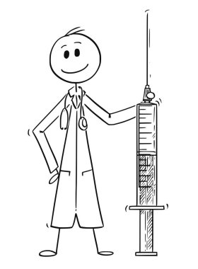 Cartoon of Doctor Holding Big Syringe clipart