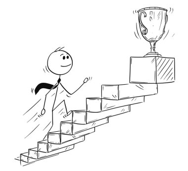 Karikatür merdiven veya merdiven Trophy Kupası için çalışan iş adamı