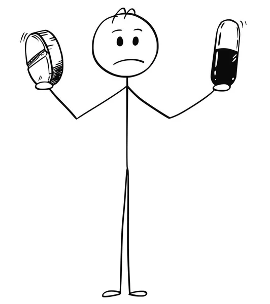 Caricature d'un homme triste, malade ou déprimé ou d'un homme d'affaires tenant deux pilules — Image vectorielle