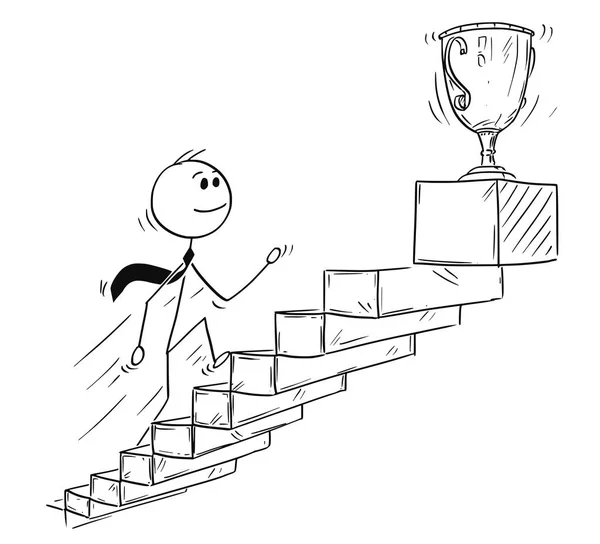Cartoon van zakenman aangelopen trappen of trap voor Cup Trophy — Stockvector