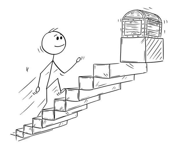Dibujos animados del hombre de negocios que sube escaleras o escaleras para el cofre del tesoro — Vector de stock