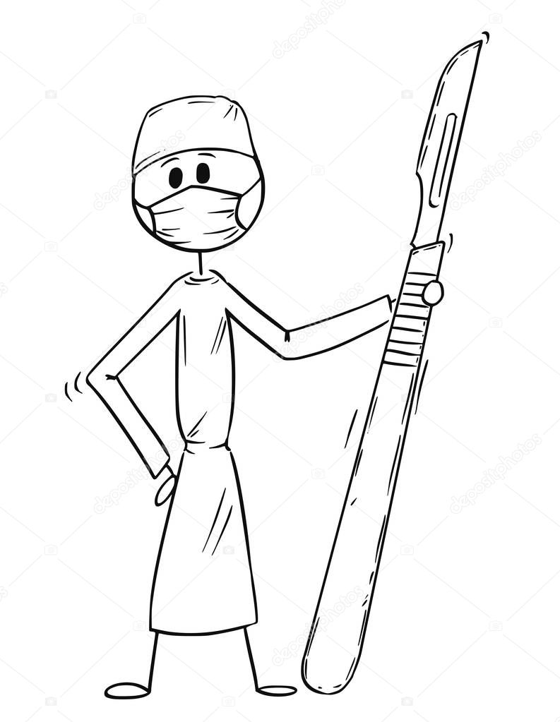 Cartoon of Doctor Surgeon Holding Big Scalpel