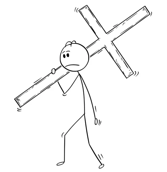 Γελοιογραφία του ανθρώπου ή επιχειρηματία που μεταφέρουν μεγάλο ξύλινο σταυρό — Διανυσματικό Αρχείο