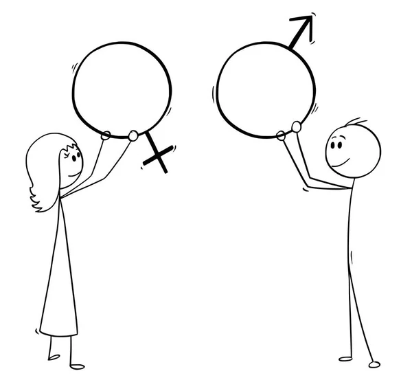 Kreskówka mężczyzny i kobiety, trzymając płci męskiej i żeńskiej symbole seksu — Wektor stockowy