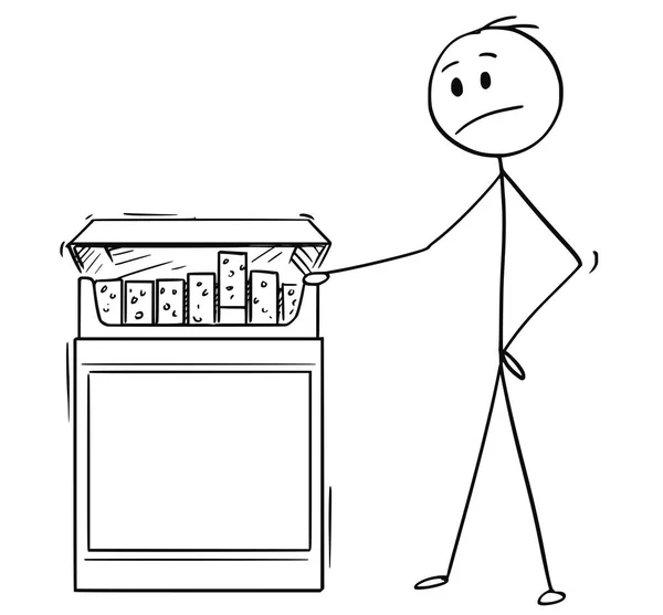 Desenhos animados do homem olhando para a caixa grande de cigarros — Vetor de Stock
