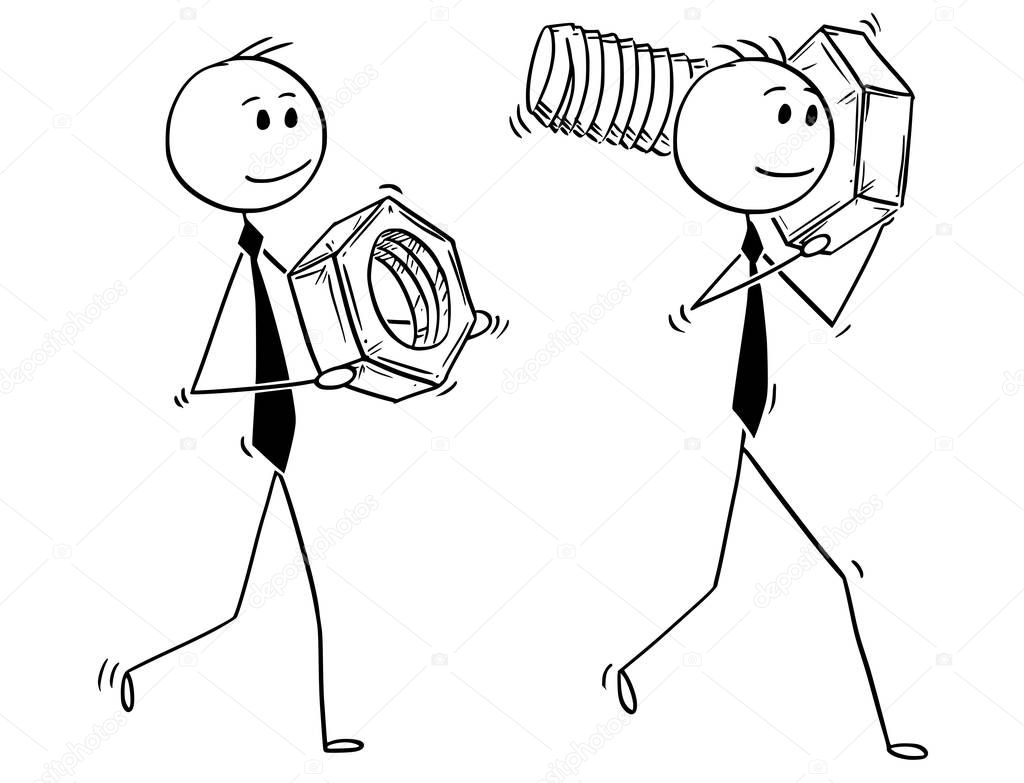 Cartoon of Two Businessmen Carrying Bolt and Nut as Problem Solution Metaphor