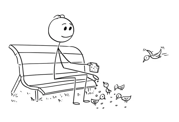 Caricature de l'homme ou de l'homme d'affaires se relaxant sur le banc du parc et nourrissant les oiseaux — Image vectorielle