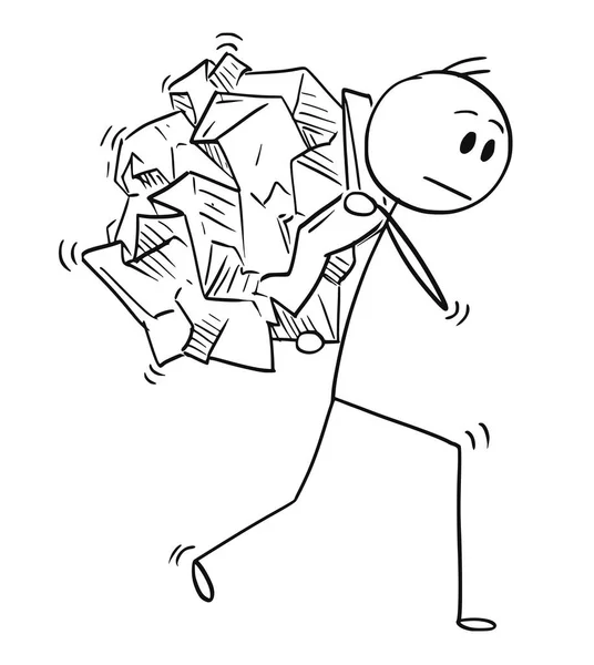 Dibujos animados del hombre de negocios que lleva una gran bola de papel arrugado en su espalda — Vector de stock