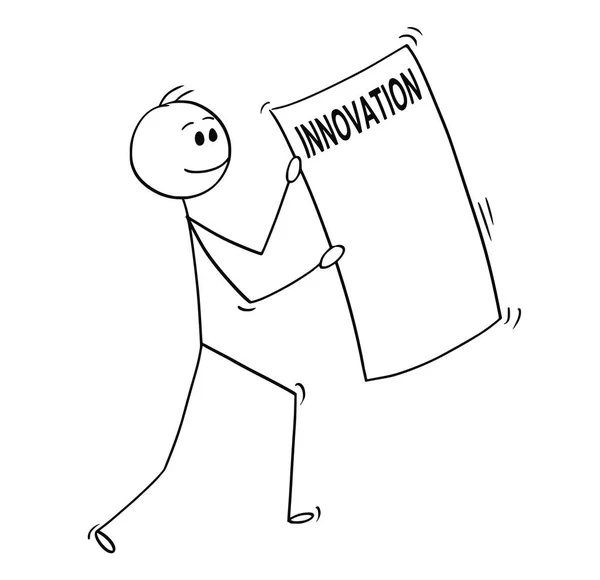 Γελοιογραφία της ευτυχής επιχειρηματίας που μεταφέρουν μεγάλο φύλλο χαρτιού με κείμενο καινοτομίας — Διανυσματικό Αρχείο
