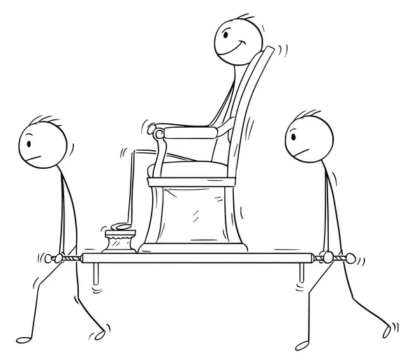 Dibujos animados de gobernante o noble sentado en sedán silla llevada por dos sirvientes — Vector de stock