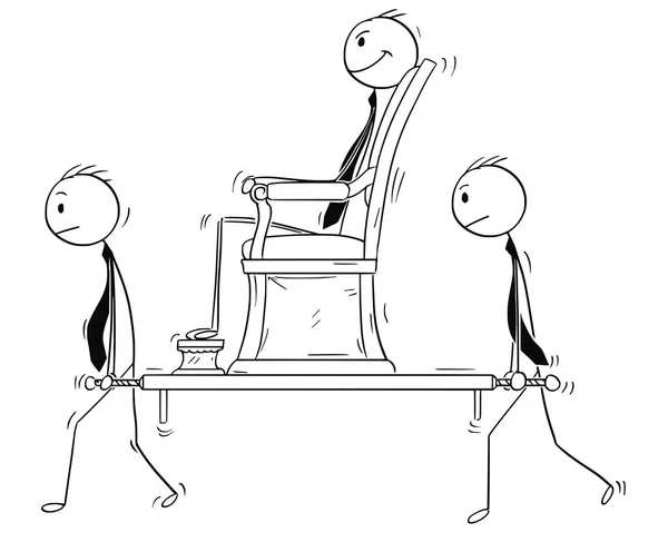 Dibujos animados de Empresario, Gerente o Jefe sentado en silla sedán y llevado por dos subordinados — Vector de stock