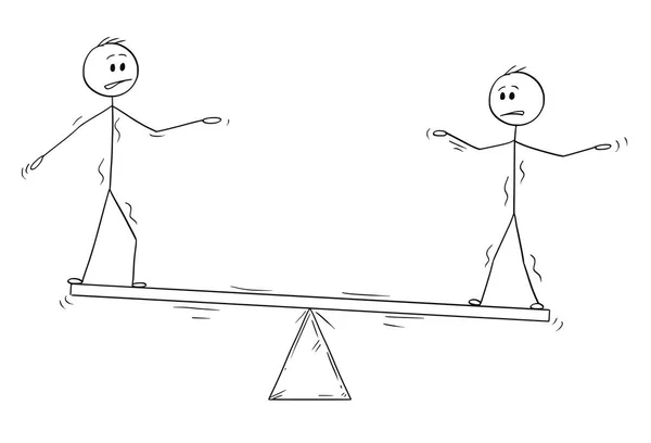 Cartoon of Two Businessmen Standing on Seesaw and Trying to Balance (en inglés). Concepto de Trabajo en Equipo . — Vector de stock