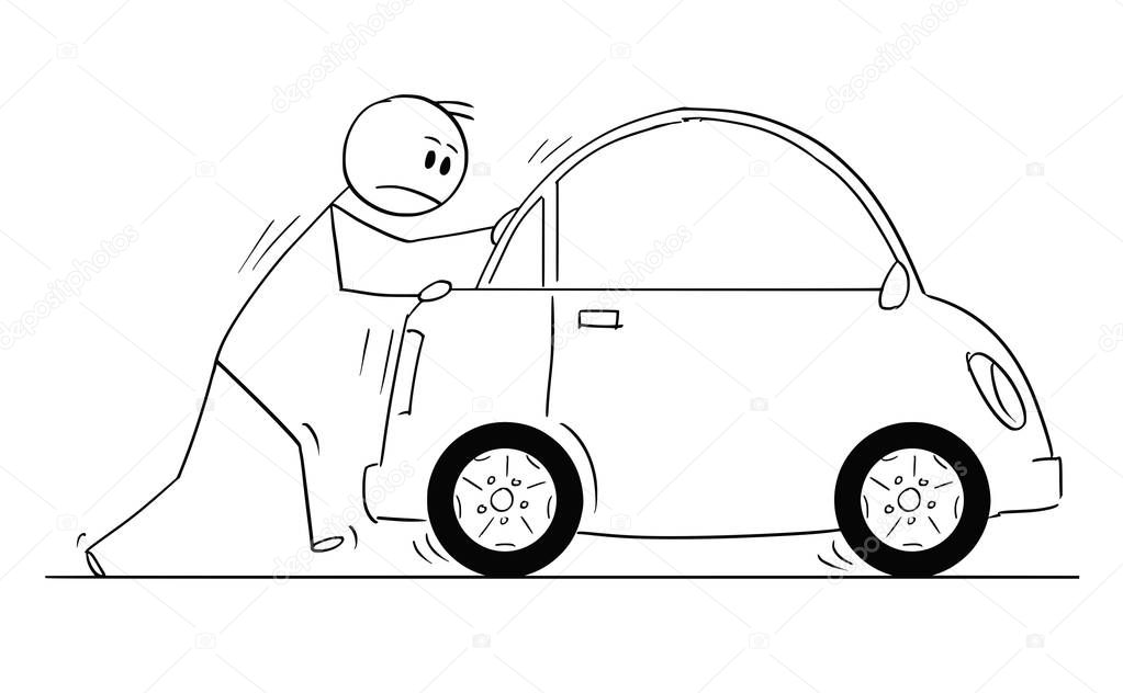 Cartoon of Man or Businessman Pushing Broken Car