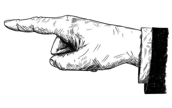 Ilustración artística vectorial o dibujo de la mano del hombre de negocios en traje con el dedo señalando la dirección izquierda — Vector de stock