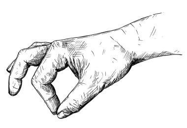 Vektör artistik çizim veya çizim el çimdik parmakları arasında küçük bir şey Holding