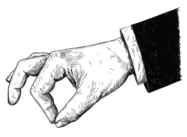 Διάνυσμα Καλλιτεχνική απεικόνιση ή σχέδιο του επιχειρηματία χέρι στο κοστούμι κρατώντας κάτι μικρό μεταξύ τσίμπημα τα δάχτυλα — Διανυσματικό Αρχείο