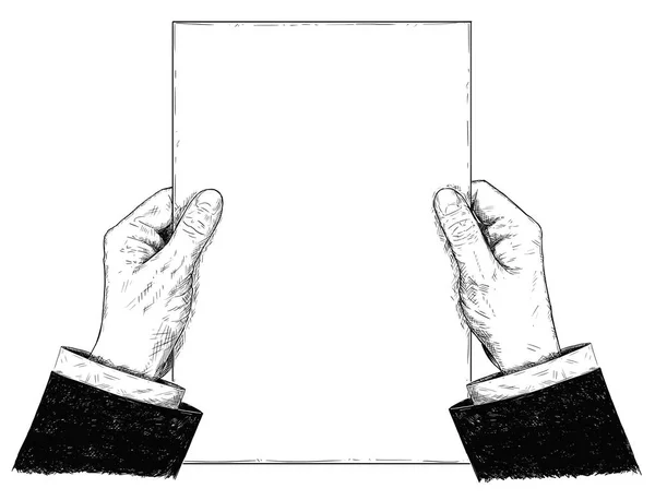 Ilustración artística vectorial o dibujo de manos de hombre de negocios sosteniendo hoja en blanco de papel — Archivo Imágenes Vectoriales