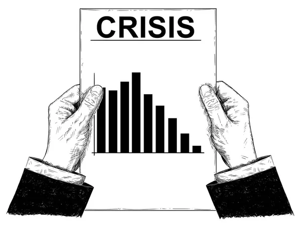 Konstnärliga vektorillustration för eller ritning av affärsmannen händer som håller grafen eller diagrammet med krisen Text — Stock vektor