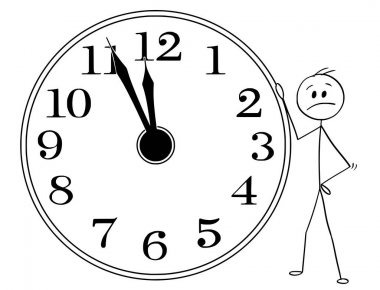 Karikatür üzgün ve depresyonda adamım veya büyük duvar saati beş tutan işadamı dakika 12 saat önce