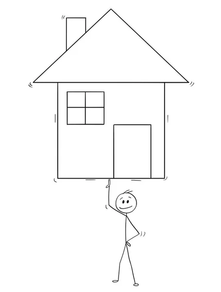 Karikatur eines Mannes oder Geschäftsmannes, der ein Einfamilienhaus auf einem Finger balanciert — Stockvektor