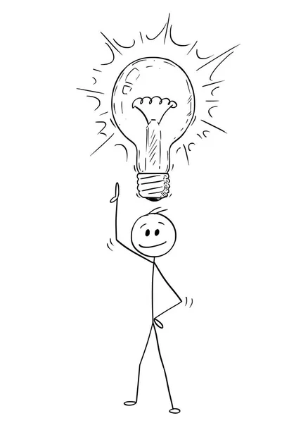 Cartone animato di uomo o uomo d'affari con idea e lampadina splendente sopra la sua testa — Vettoriale Stock