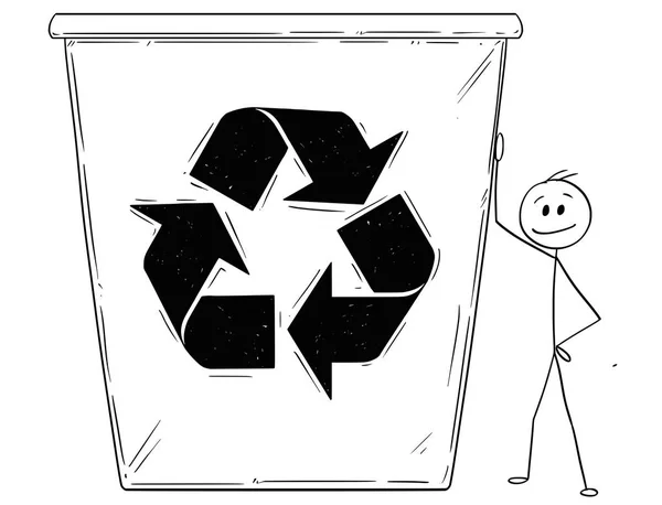 Dibujos animados del hombre o del hombre de negocios apoyándose en la papelera de reciclaje grande — Vector de stock