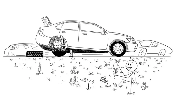 Karikatur eines Mannes, der kaputte Autos repariert und die Schönheit der Natur im Straßengraben begründet — Stockvektor