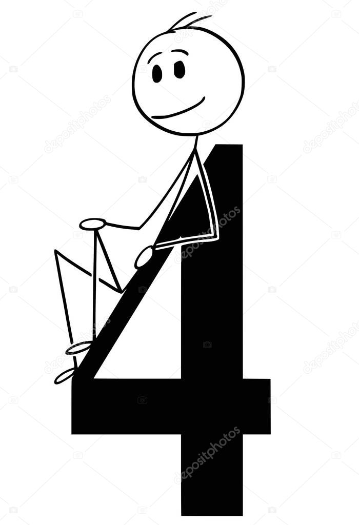 Cartoon of Man or Businessman Holding Big Number Four or 4