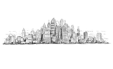 Vektör artistik çizim çizim gökdelen binalar, genel şehir yüksek doğmak Cityscape yatay