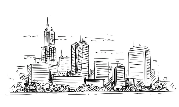 Vektor művészeti rajz illusztráció általános város nagy emelkedés városkép táj felhőkarcoló épületek — Stock Vector