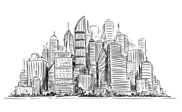 Dibujo artístico vectorial Ilustración del paisaje urbano de gran altura de la ciudad genérica con edificios de rascacielos — Archivo Imágenes Vectoriales