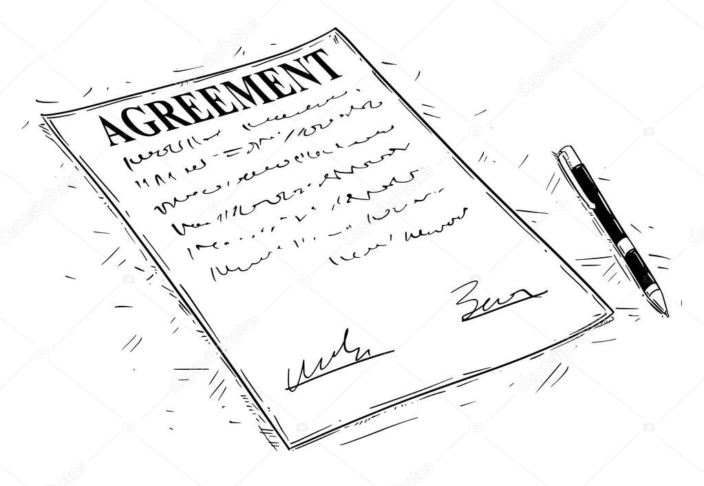 Vector Artistic Drawing Illustration of Pen and Agreement Document to Sign