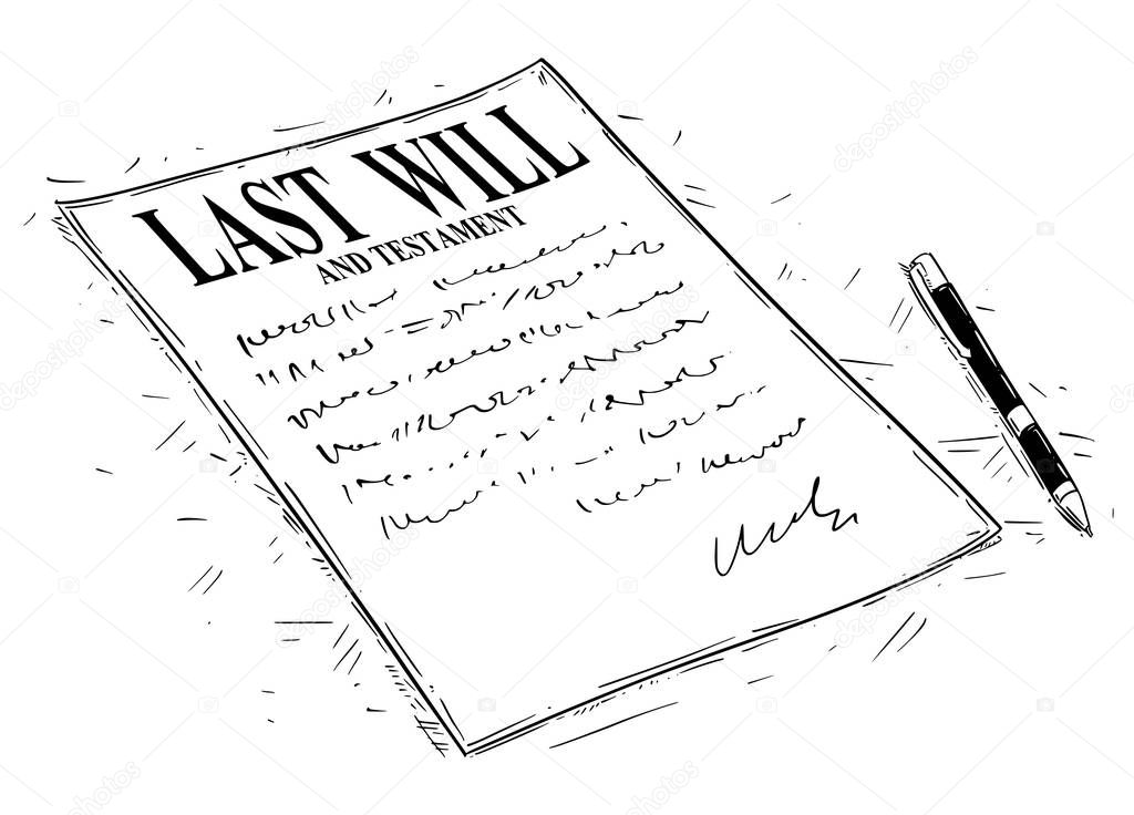 Vector Artistic Drawing Illustration of Pen and Last Will and Testament Document to Sign