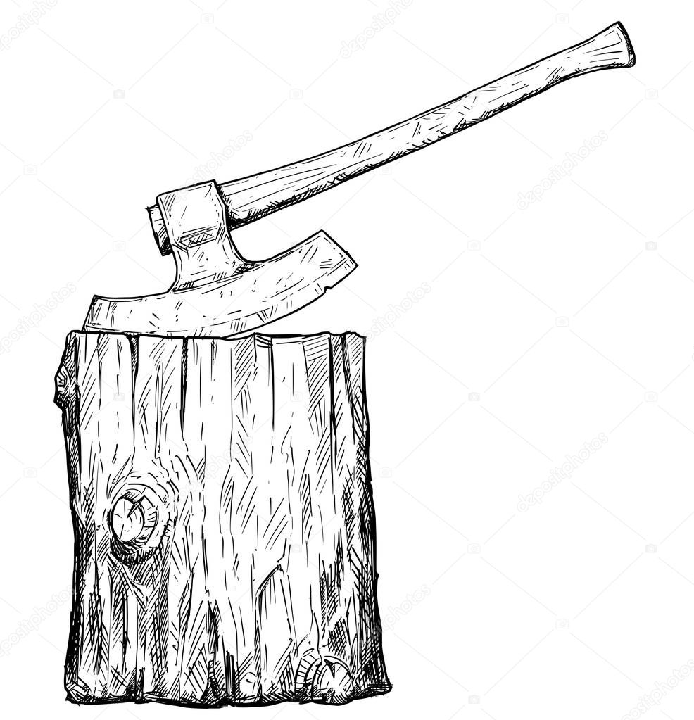 Vector Artistic Drawing Illustration of Medieval Executioner Axe or Ax and Execution Block