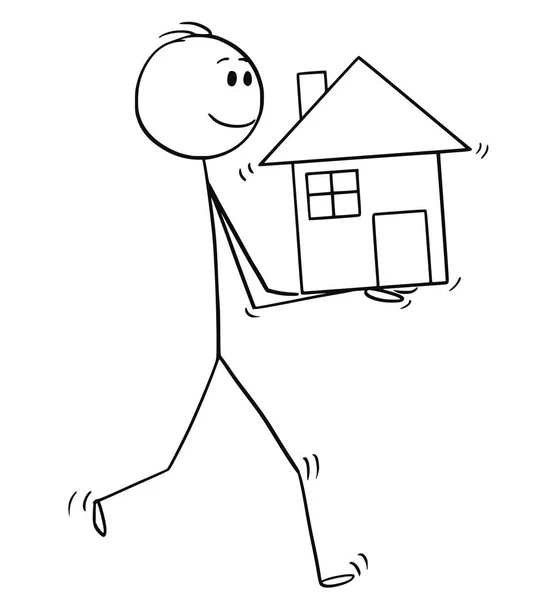 Cartoon of Man Holding House in Hands - Stok Vektor