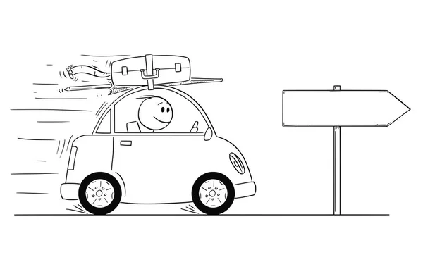 Caricature de l'homme souriant allant dans une petite voiture en vacances ou en vacances — Image vectorielle