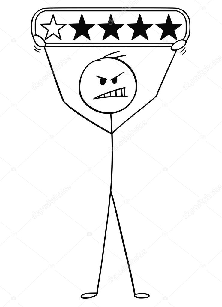 Cartoon of Angry Man or Businessman Holding One Star of Five Rating