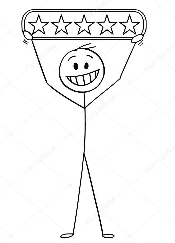 Cartoon of Smiling Man or Businessman Holding Full Five Stars Rating