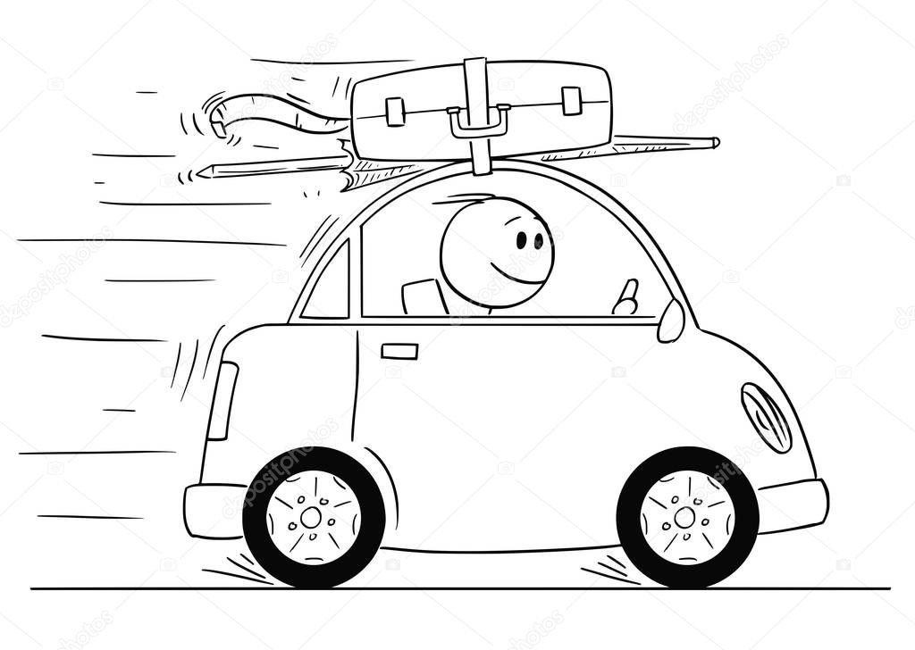 Cartoon of Smiling Man Going in Small Car On Vacation or Holiday