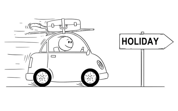 Caricature de l'homme souriant dans une petite voiture. Flèche signe avec texte de vacances . — Image vectorielle